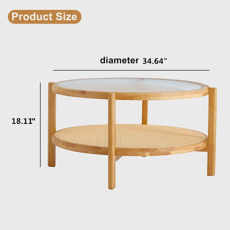 Circular Double-Layer Solid Wood & Glass Coffee Table