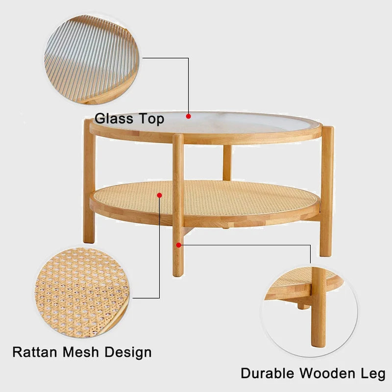 Circular Double-Layer Solid Wood & Glass Coffee Table