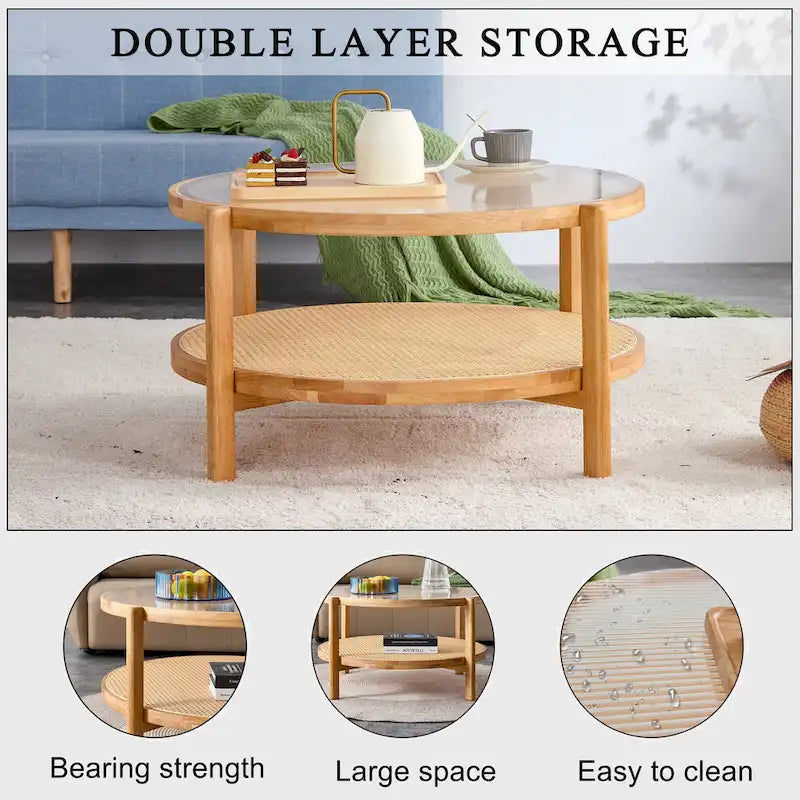 Circular Double-Layer Solid Wood & Glass Coffee Table