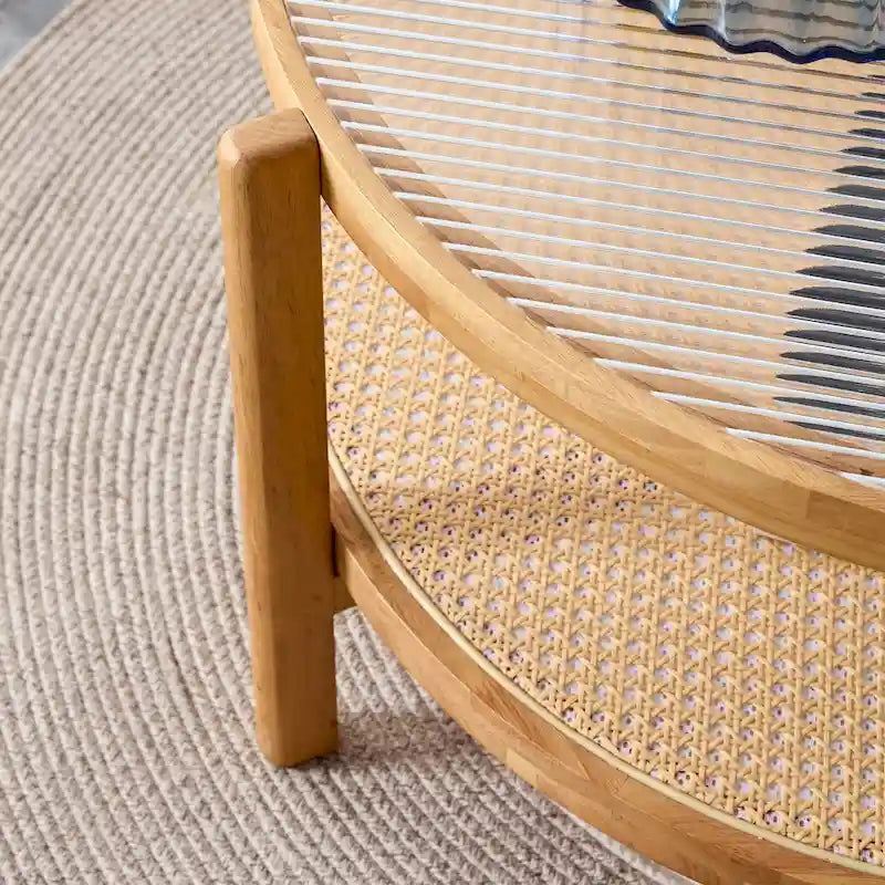 Circular Double-Layer Solid Wood & Glass Coffee Table