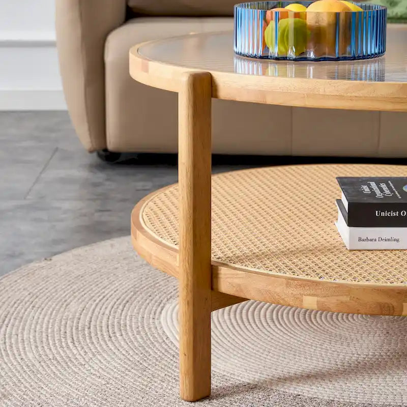 Circular Double-Layer Solid Wood & Glass Coffee Table