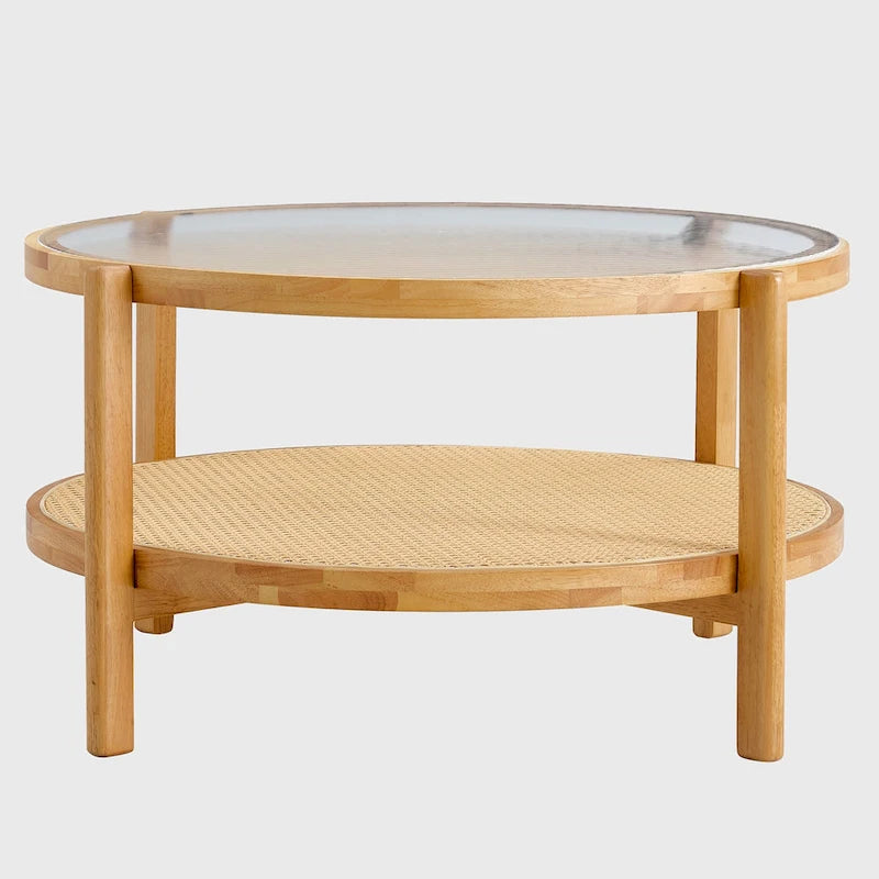 Circular Double-Layer Solid Wood & Glass Coffee Table
