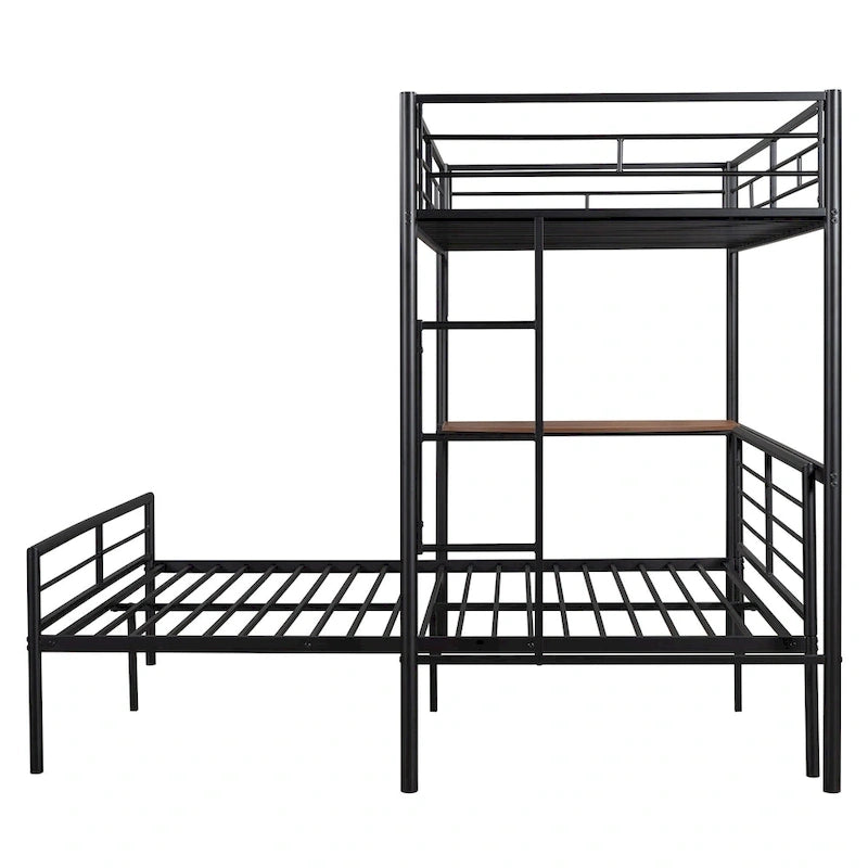 Twin Over Full Metal Bunk Bed with Desk, Ladder and Metal Slats