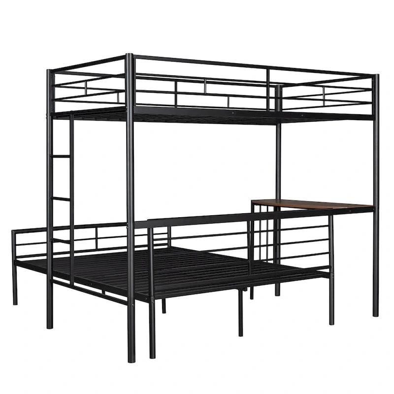 Twin Over Full Metal Bunk Bed with Desk, Ladder and Metal Slats