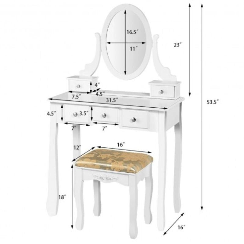 Vanity Dressing Table Set with 5 Drawers and Oval Mirror