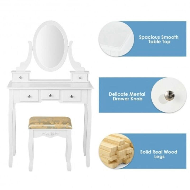 Vanity Dressing Table Set with 5 Drawers and Oval Mirror