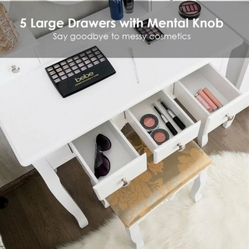 Vanity Dressing Table Set with 5 Drawers and Oval Mirror