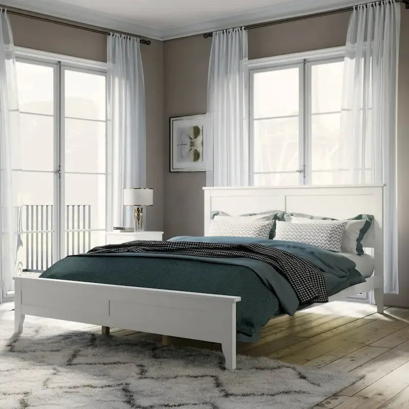White Modern Solid Wood Queen Platform Bed, Elegant and Strong
