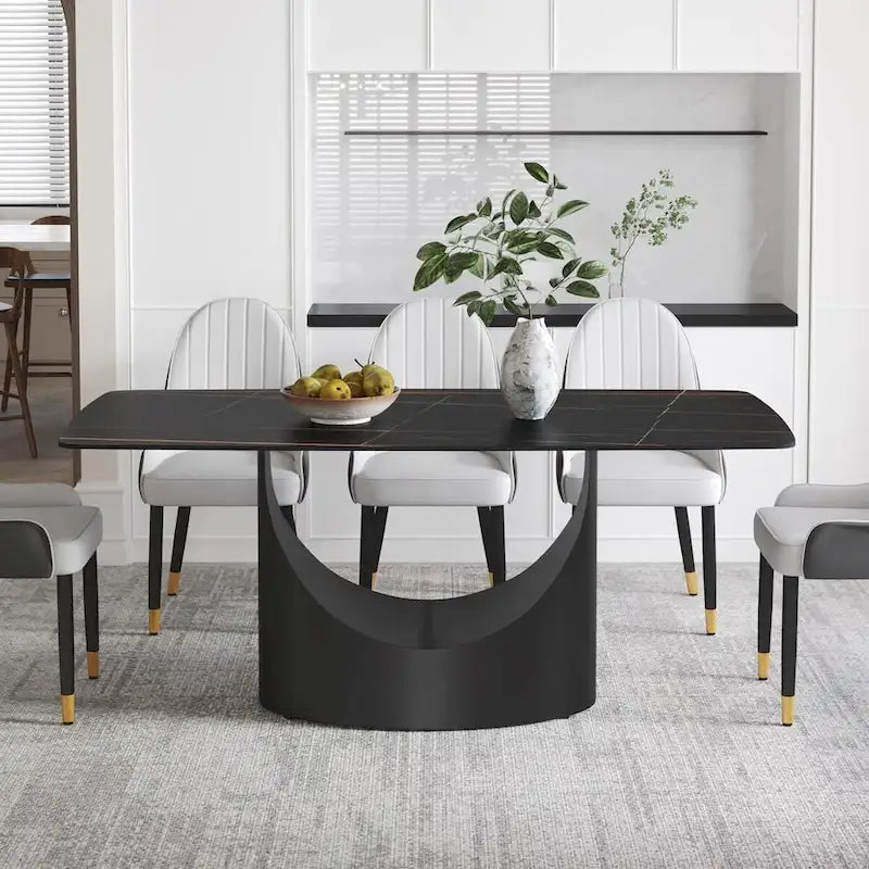 Rectangle Sintered Stone Dining Table with U-Shape Carbon Steel Base, 71" x 35.43" x 29.53"