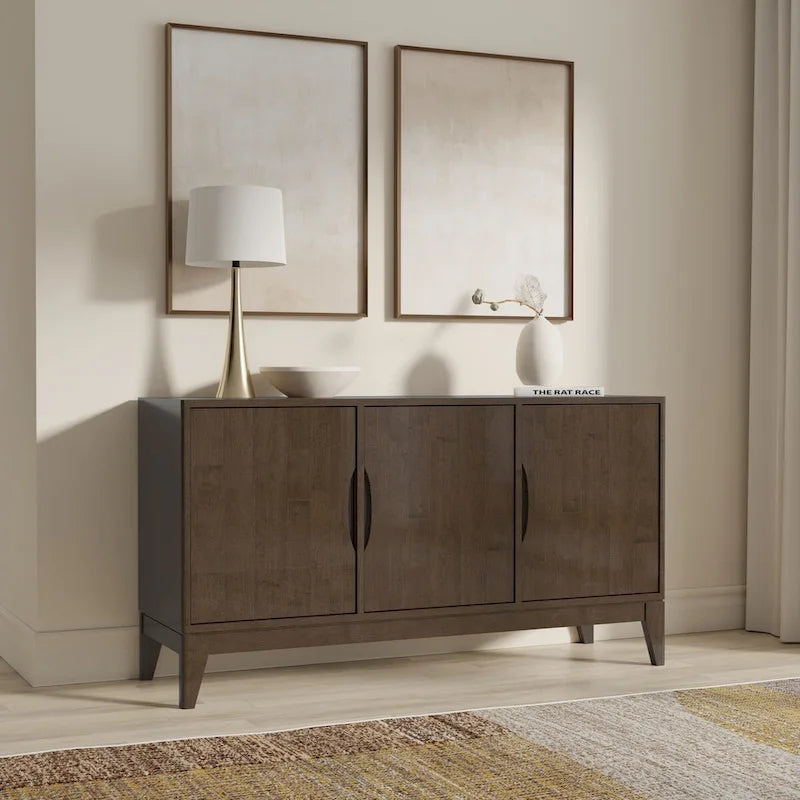  Pearson SOLID HARDWOOD 60 inch Wide Rectangle Modern 3 Door Sideboard Buffet / Storage Cabinet in Walnut Brown