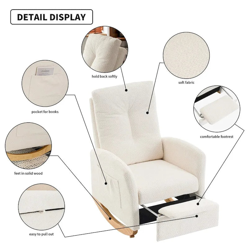 Upholstered Rocking Chair with High Back and Side Pocket