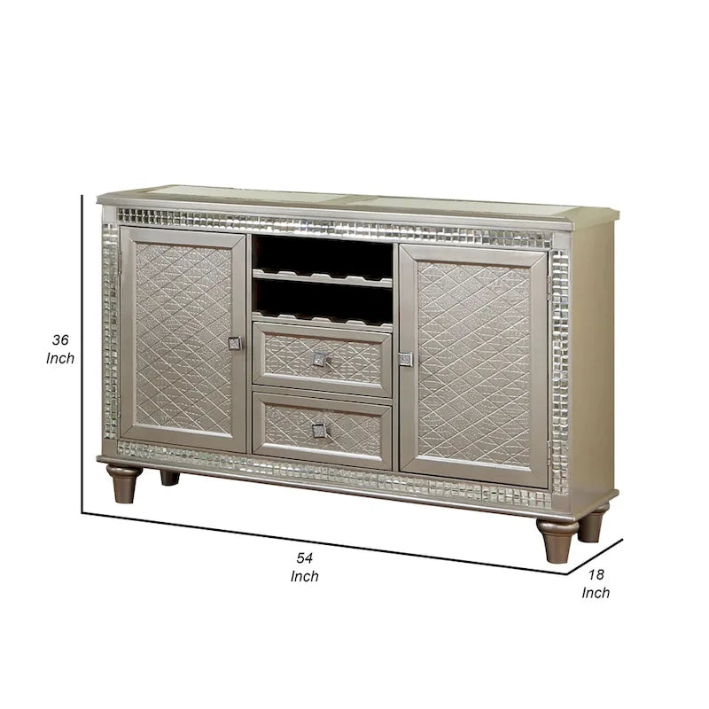 54 Inch Sideboard Buffet Console with Glass Top, Mirror Accents, Champagne Finish